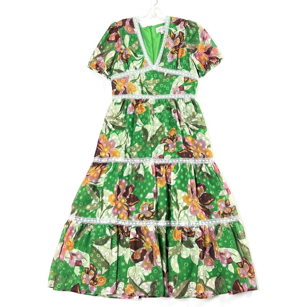 Adelyn Rae Lian Jacquard Printed Midi Dress Tiered Puff Sleeve Green Womens L